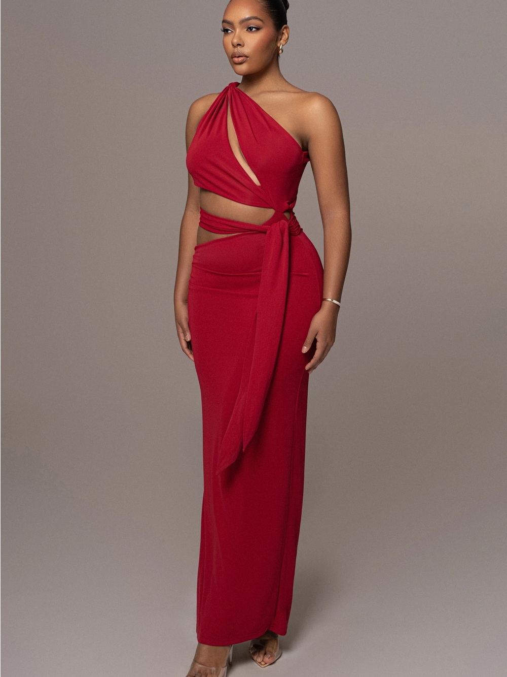 JLUXLABEL Red One-Shoulder Cutout Maxi with Side Tie